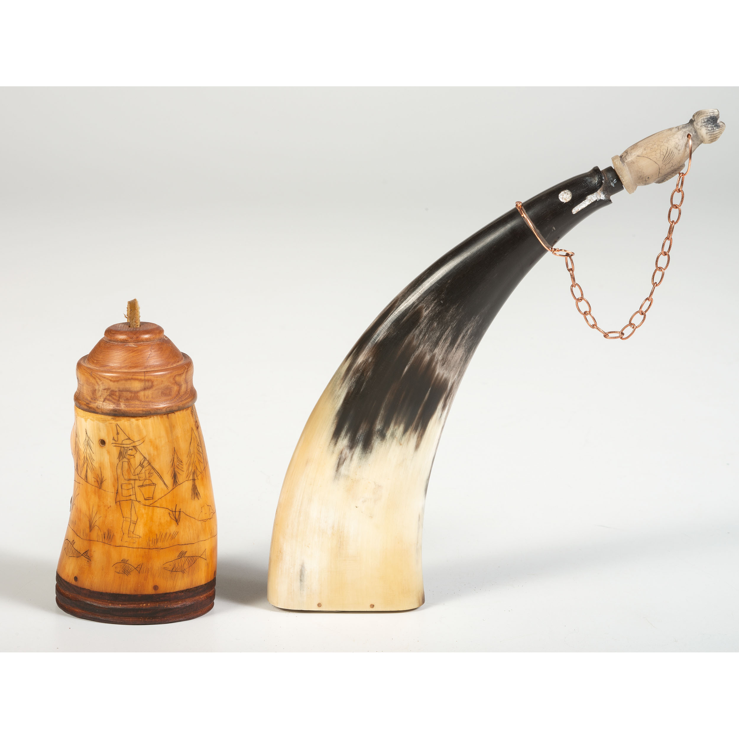 Fishing Themed Powder Horn & Bait Horn Set by Albert Emanuel, Sold to
