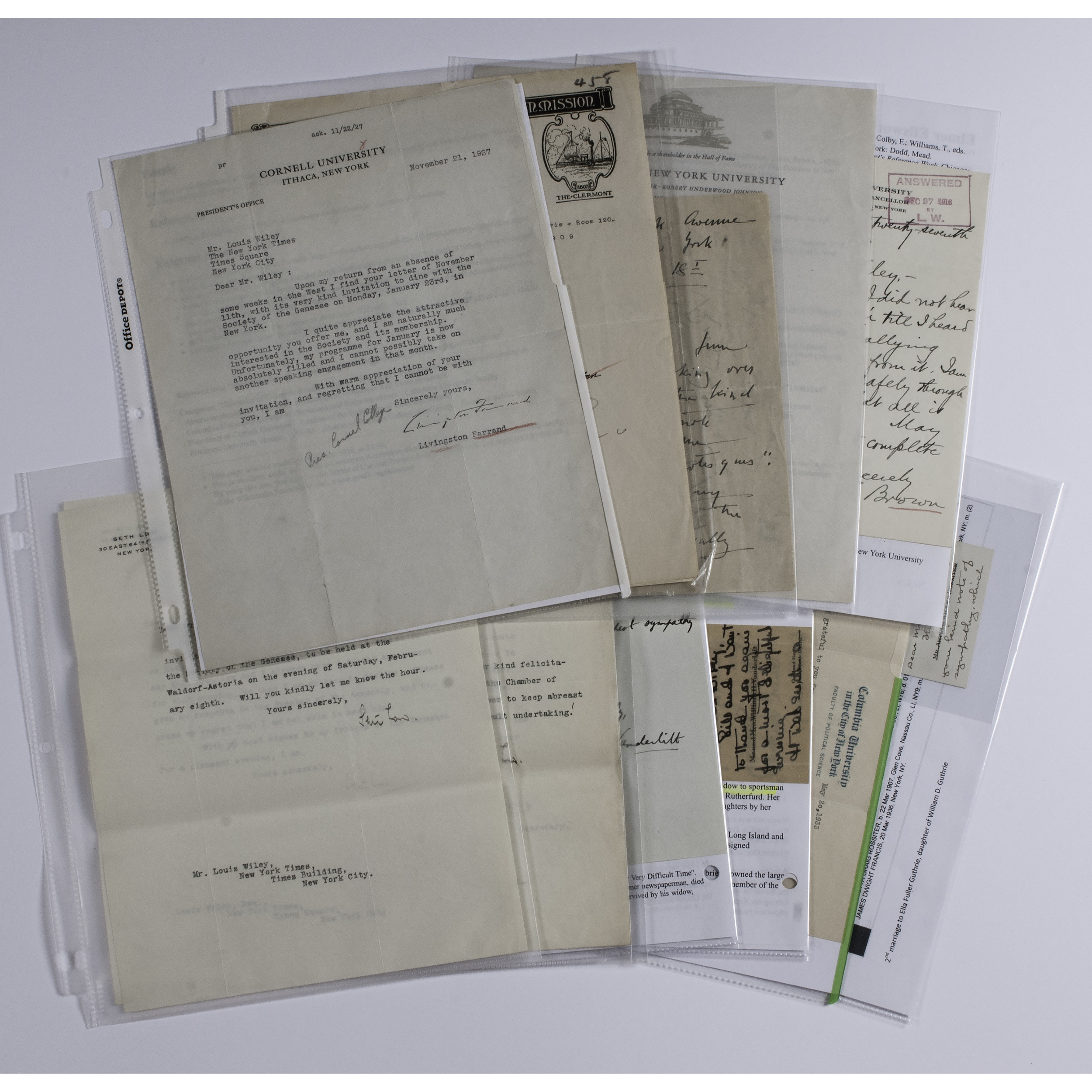 More Letters to Louis Wiley from New York Notables | Cowan's Auction