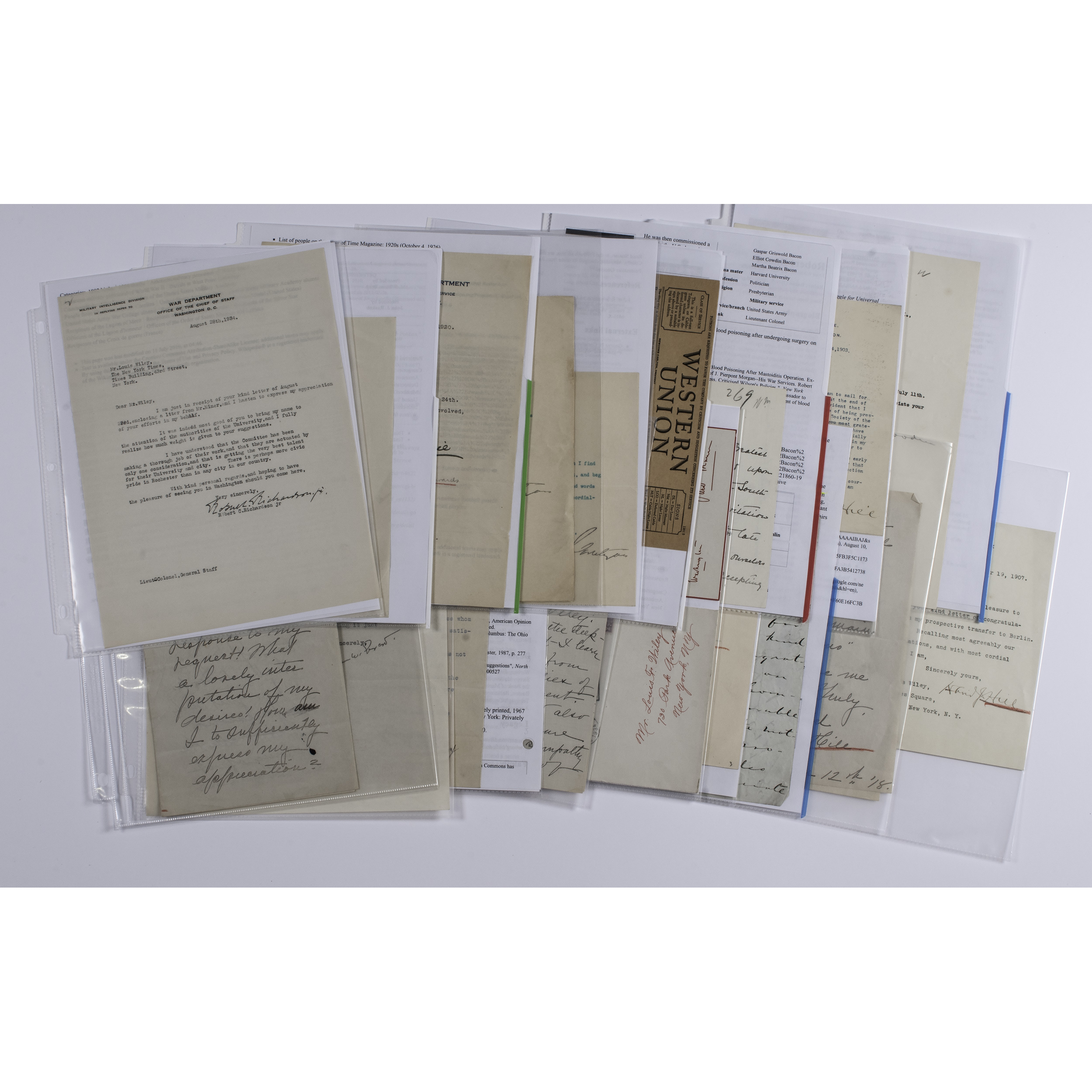 Letters to Louis Wiley from Washington and New York Politicians