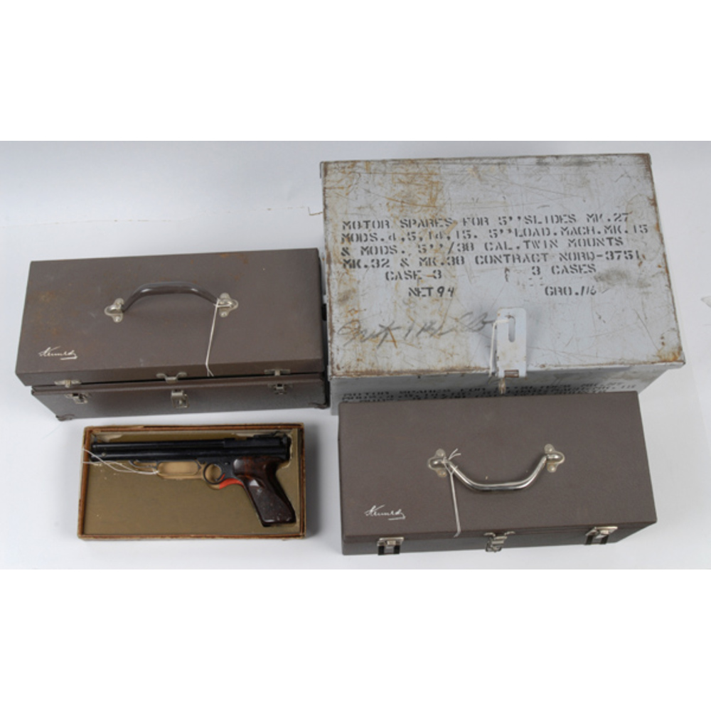 Gray Military Supply Case, Two Tackle Boxes and Crossman Target Pistol