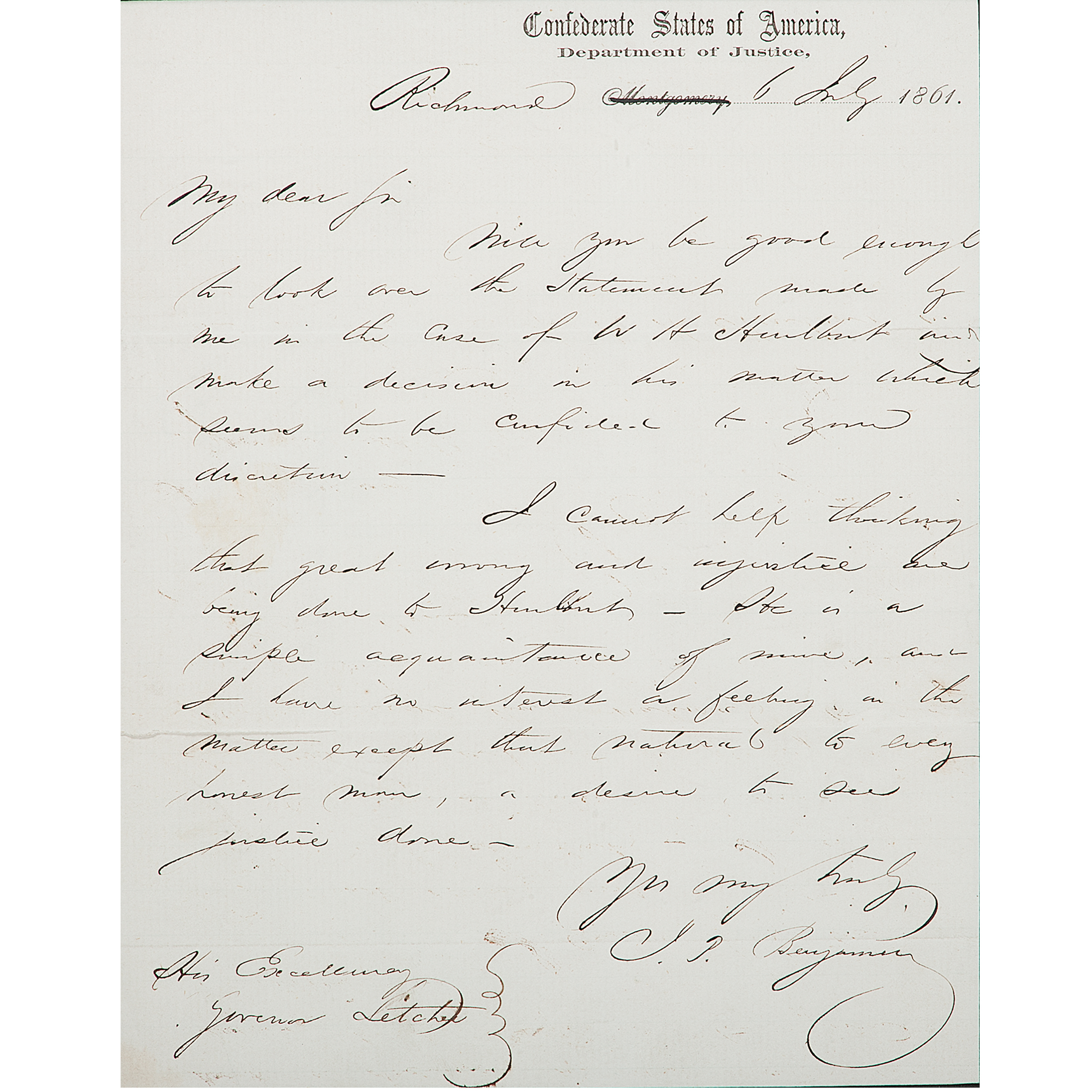 Judah P Benjamin Confederate Secretary Of War Als July - 