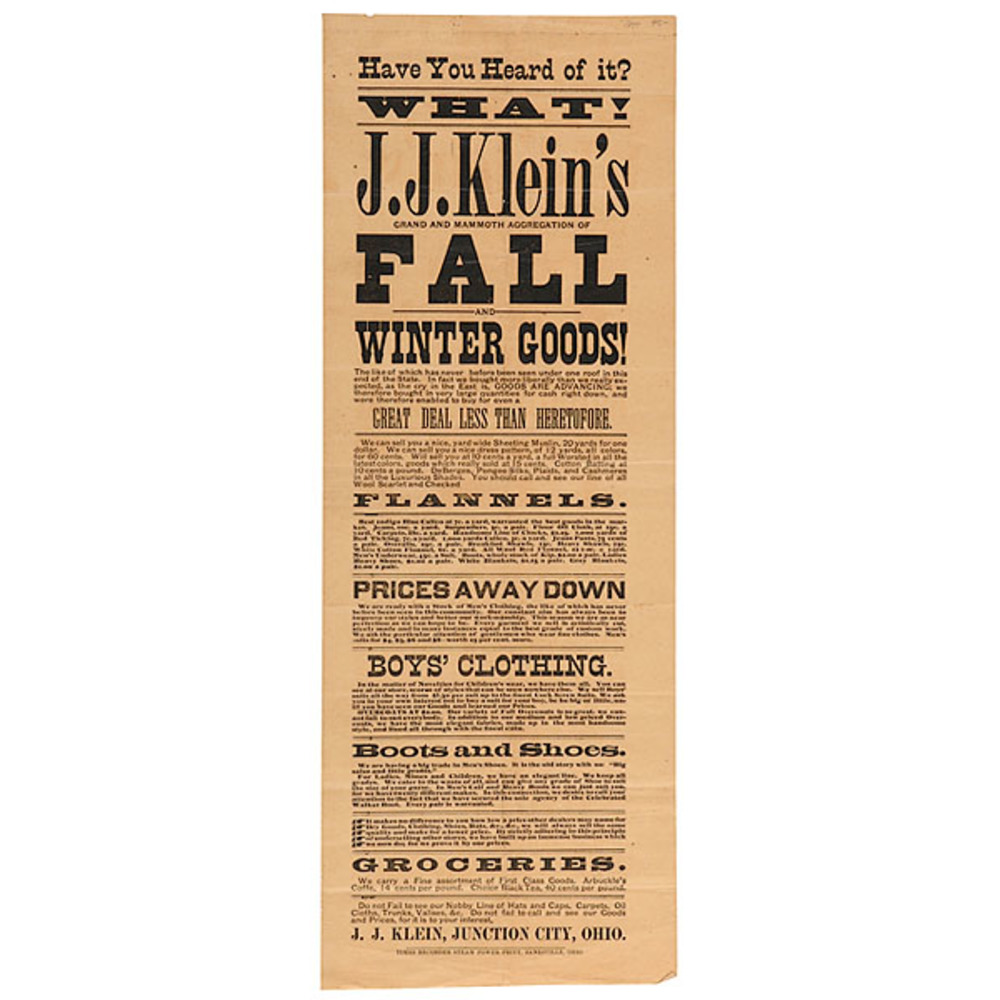 19th Century Junction City, Ohio, Dry Goods Store Broadside, Cowan's