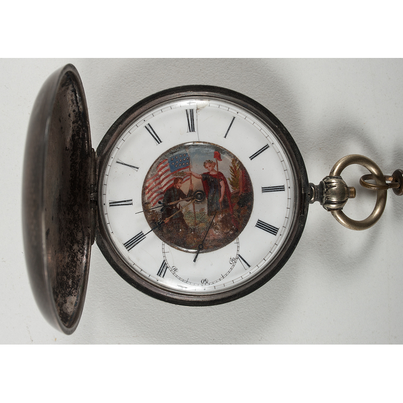 M.J. Tobias Pocket Watch with Patriotic Scene Painted on Glass, Ca
