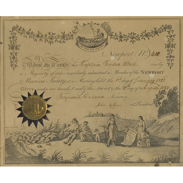 1828 Engraved Newport Marine Society Certificate for Capt. Borden Wood,
