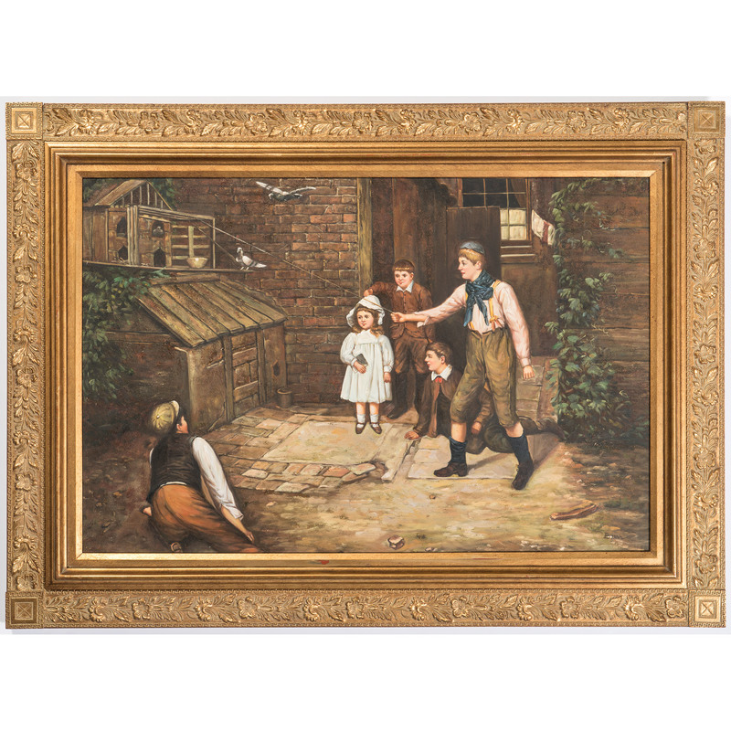 English School, Painting of Children Training Pigeons