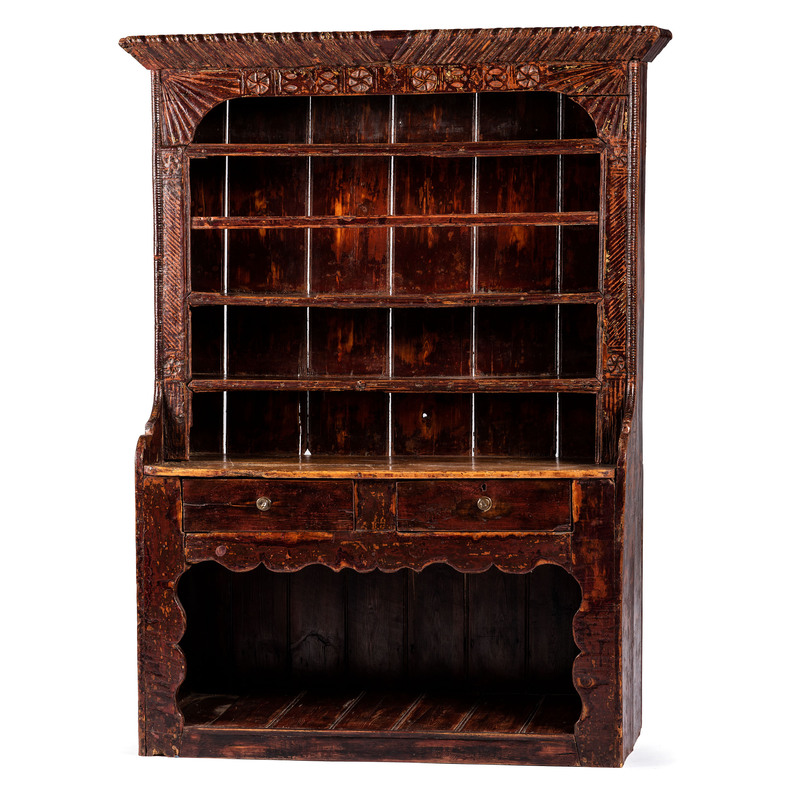 A Carved and Red-Painted Pine Step-Back Pewter Cupboard