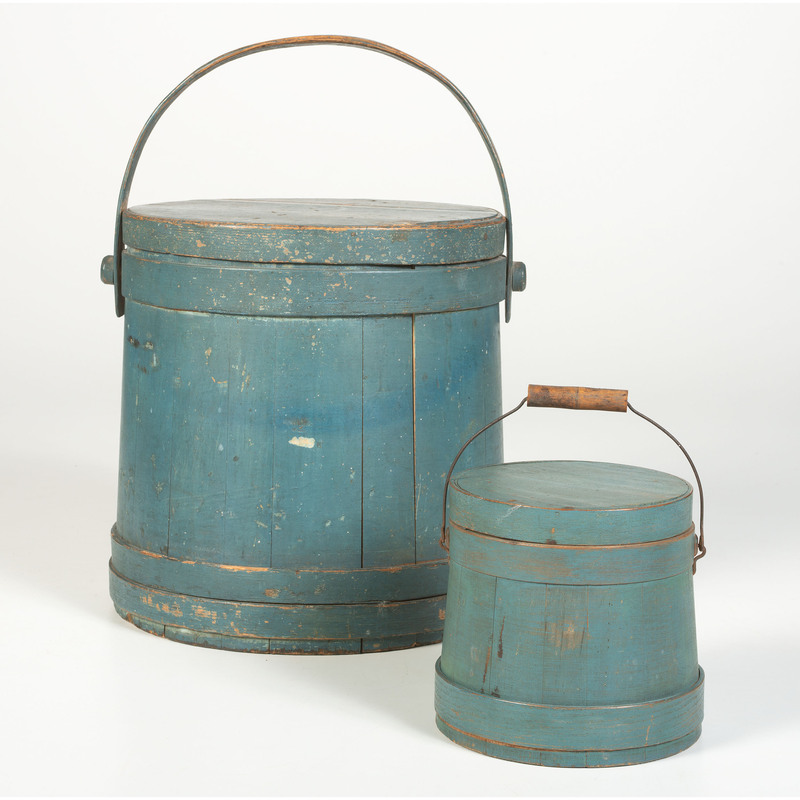 Two Lidded Firkins in Old Blue Paint